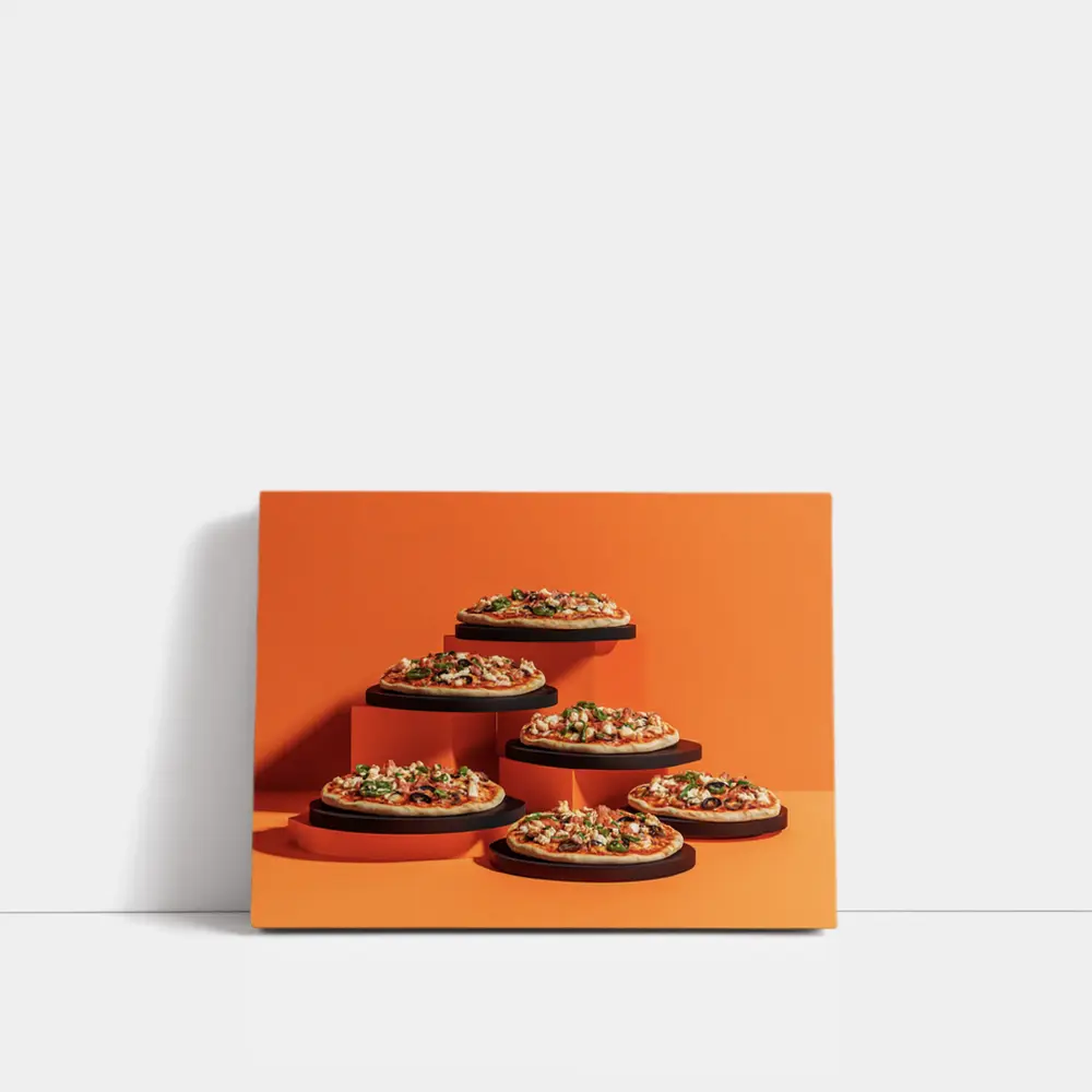 Multiple Pizzas Displayed On Orange Background – Wall Art