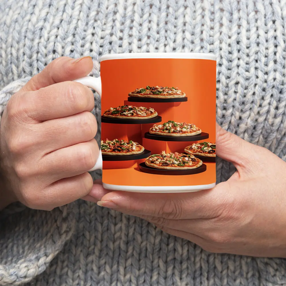 Multiple Pizzas Displayed On Orange Background – Mugs