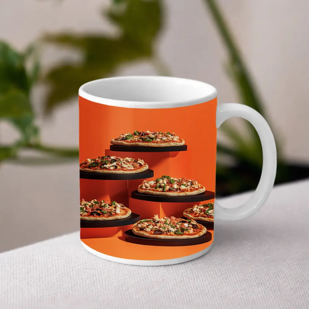 Multiple Pizzas Displayed On Orange Background – Mugs