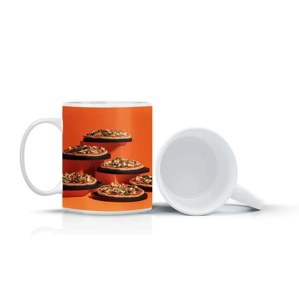 Multiple Pizzas Displayed On Orange Background – Mugs