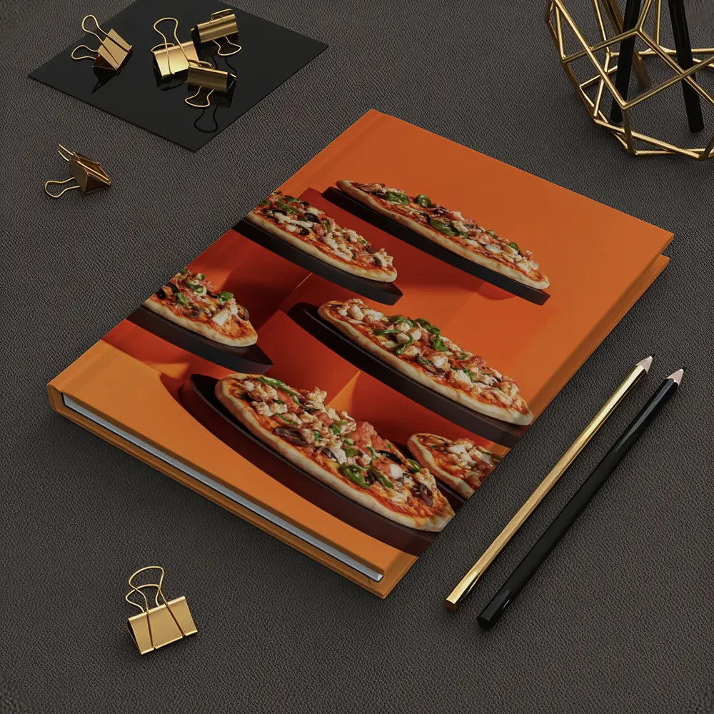 Multiple Pizzas Displayed On Orange Background – Notebooks