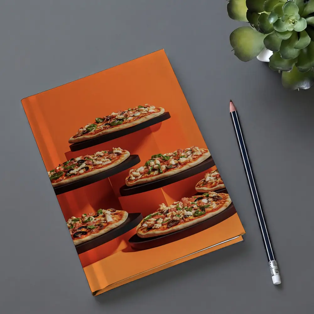 Multiple Pizzas Displayed On Orange Background – Notebooks