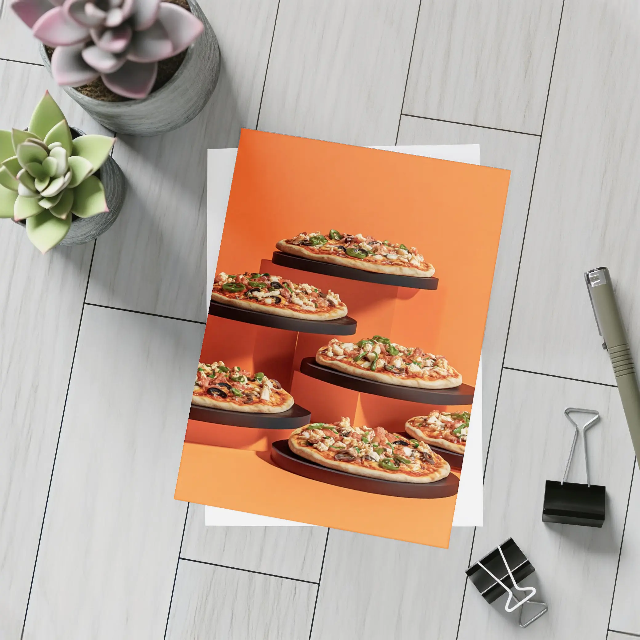 Multiple Pizzas Displayed On Orange Background – Postcards