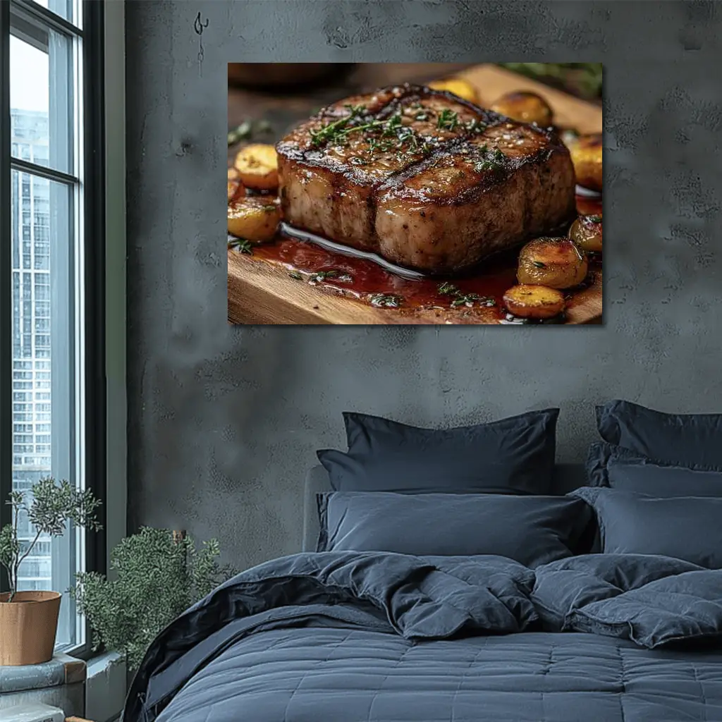 Seared Pork Chop With Roasted Potatoes Wooden Board – Wall Art