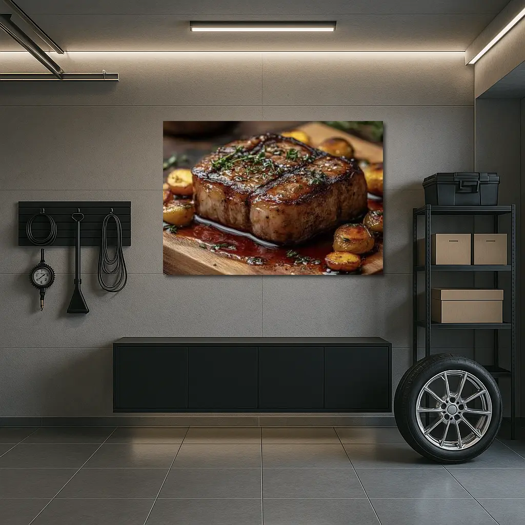Seared Pork Chop With Roasted Potatoes Wooden Board – Wall Art