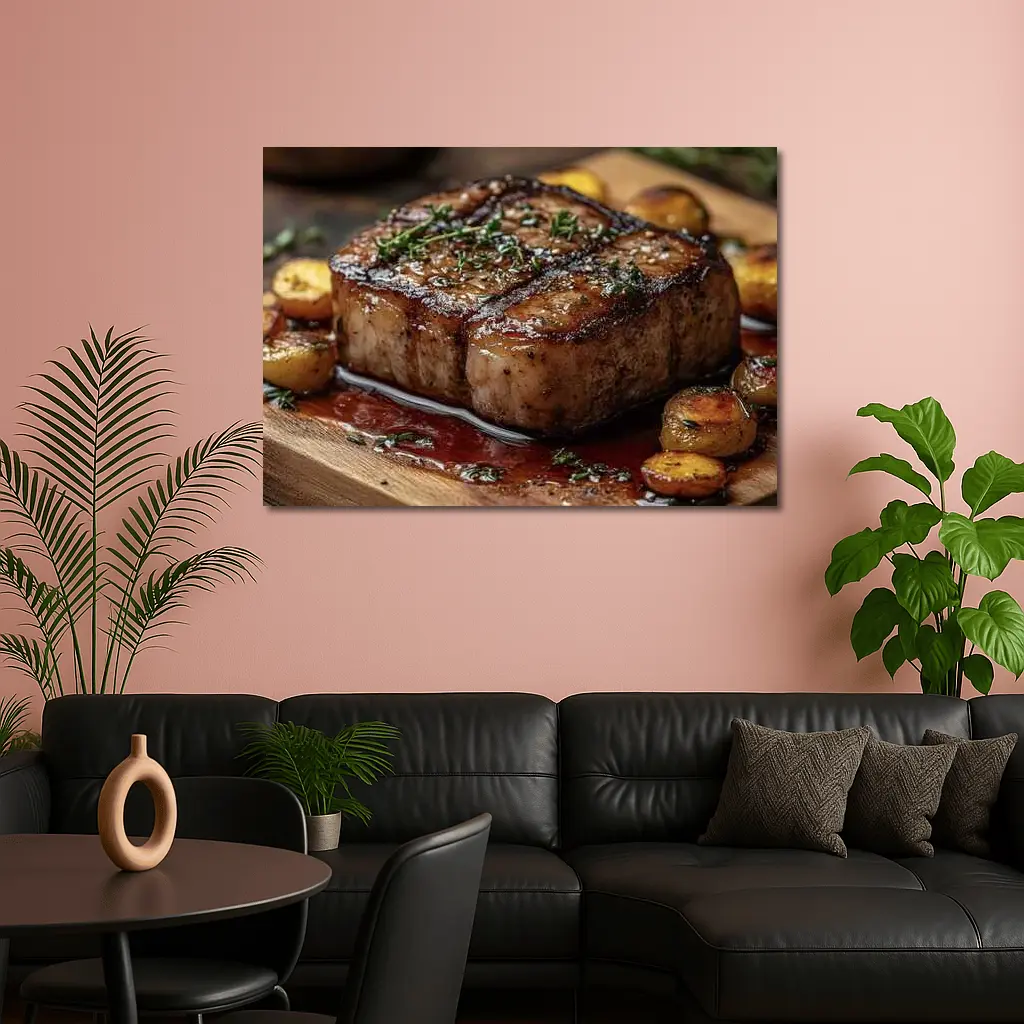 Seared Pork Chop With Roasted Potatoes Wooden Board – Wall Art