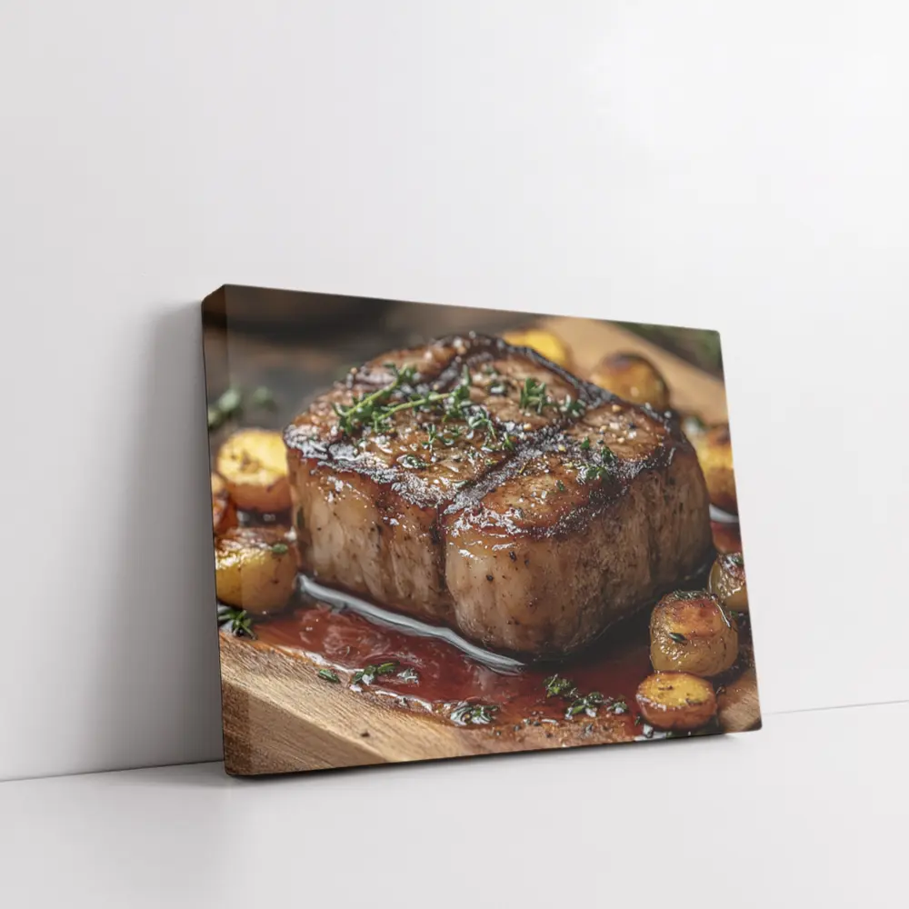 Seared Pork Chop With Roasted Potatoes Wooden Board – Wall Art