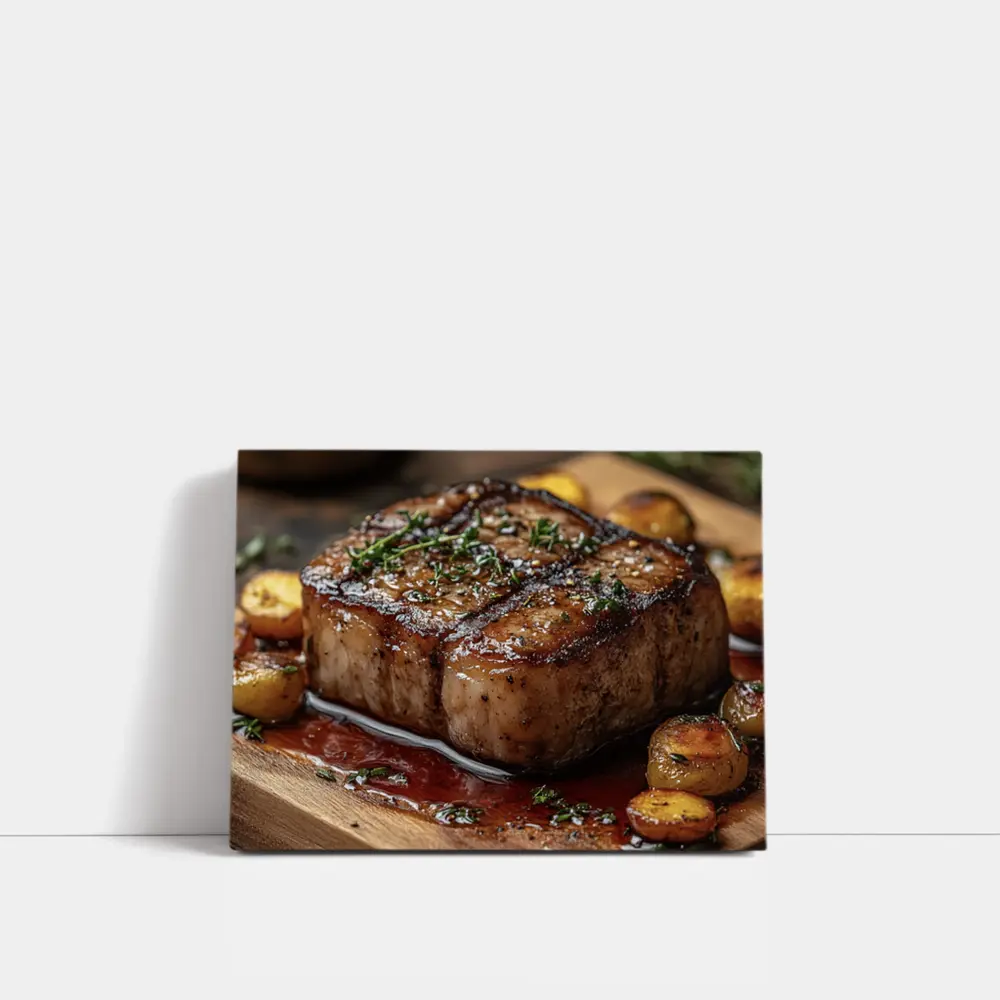 Seared Pork Chop With Roasted Potatoes Wooden Board – Wall Art