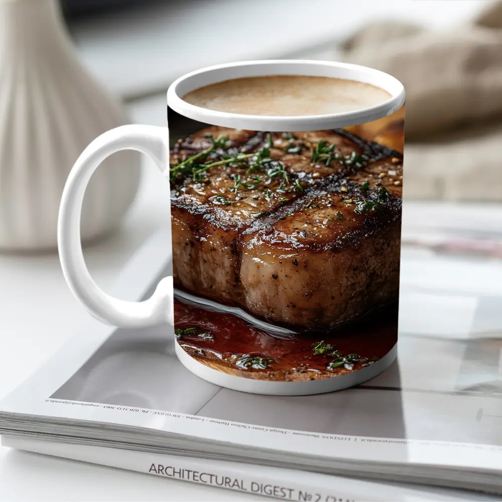 Seared Pork Chop With Roasted Potatoes Wooden Board – Mugs