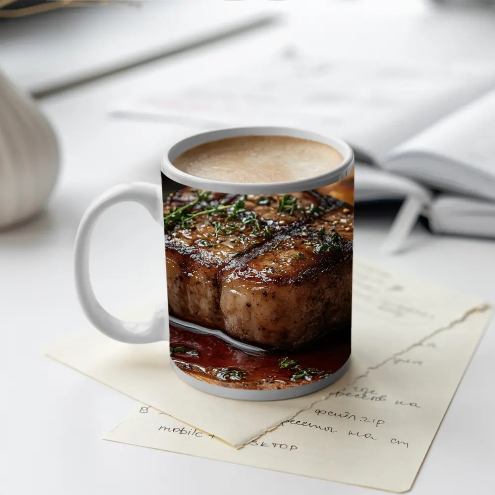 Seared Pork Chop With Roasted Potatoes Wooden Board – Mugs