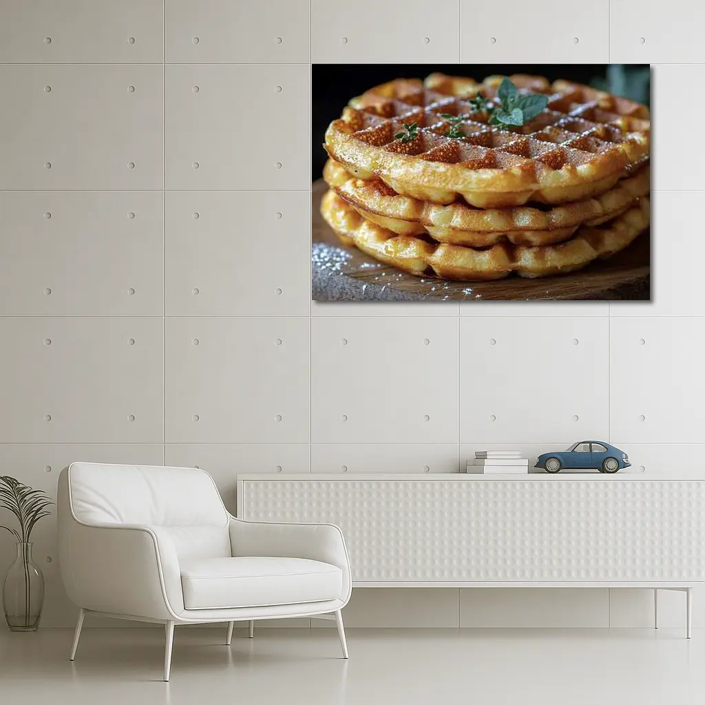 Golden Belgian Waffles Stack With Mint – Wall Art