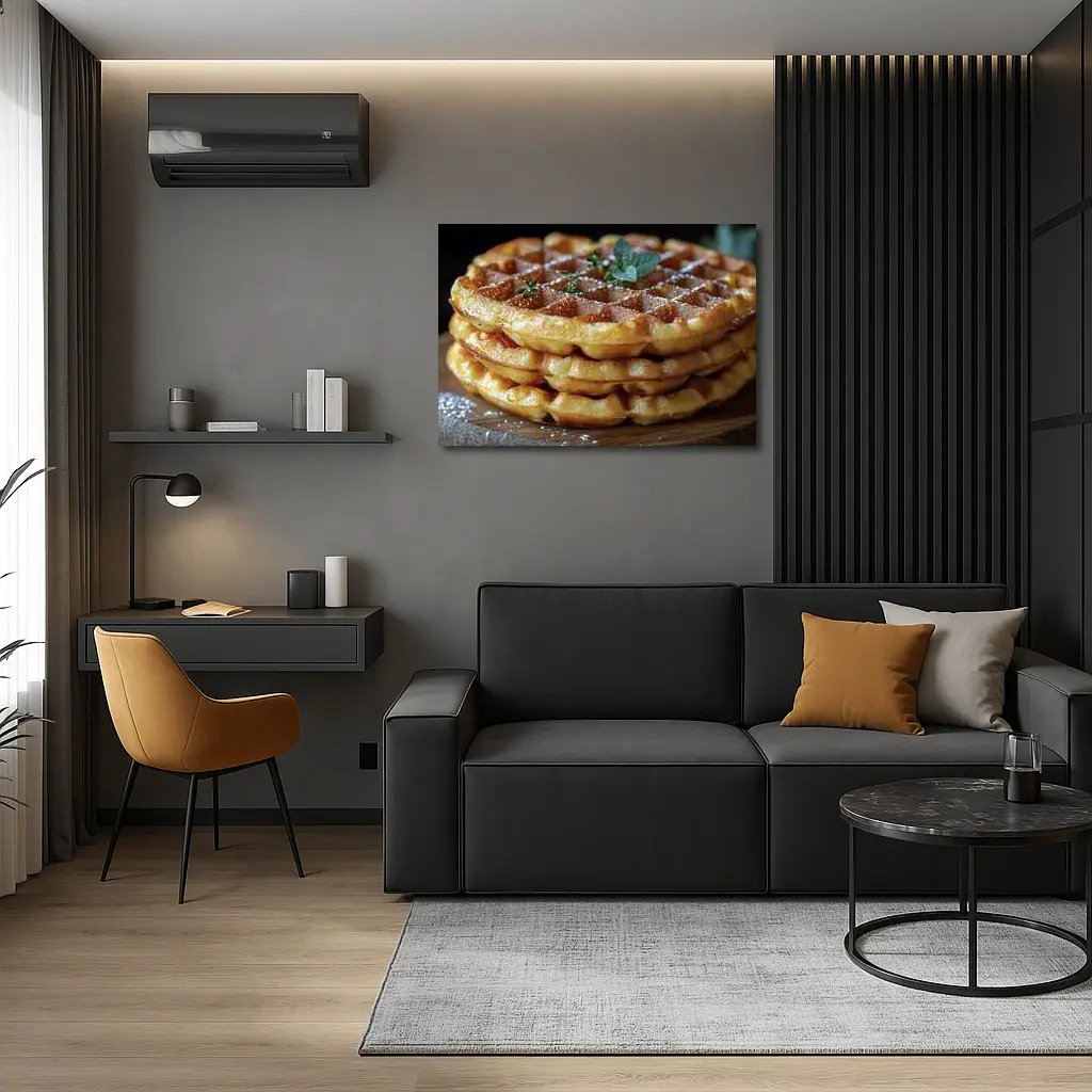 Golden Belgian Waffles Stack With Mint – Wall Art