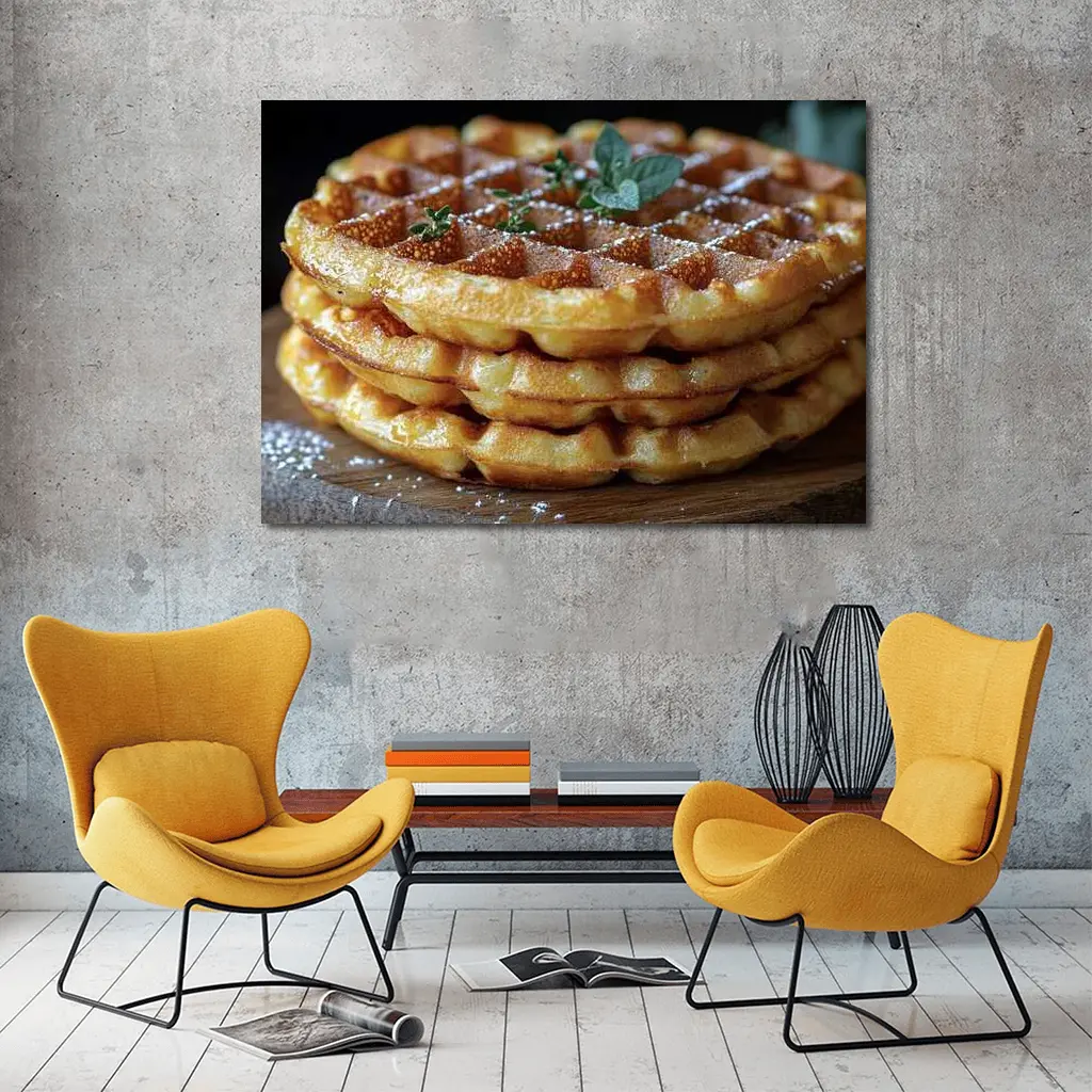 Golden Belgian Waffles Stack With Mint – Wall Art