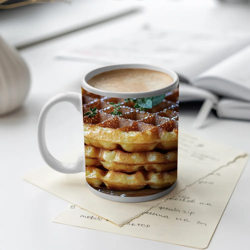 Golden Belgian Waffles Stack With Mint – Mugs
