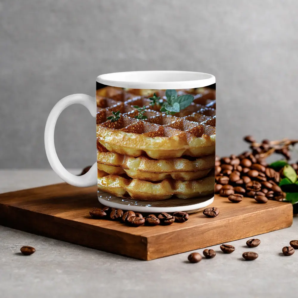 Golden Belgian Waffles Stack With Mint – Mugs