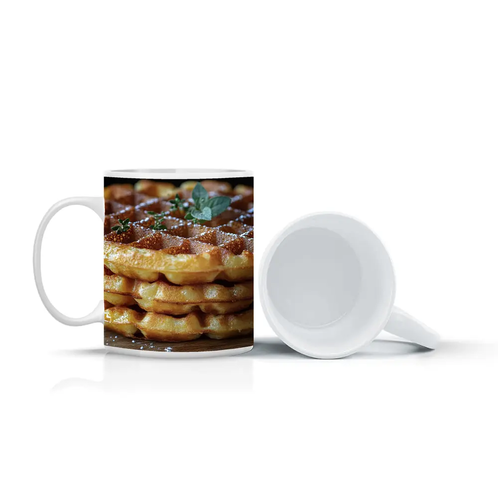 Golden Belgian Waffles Stack With Mint – Mugs