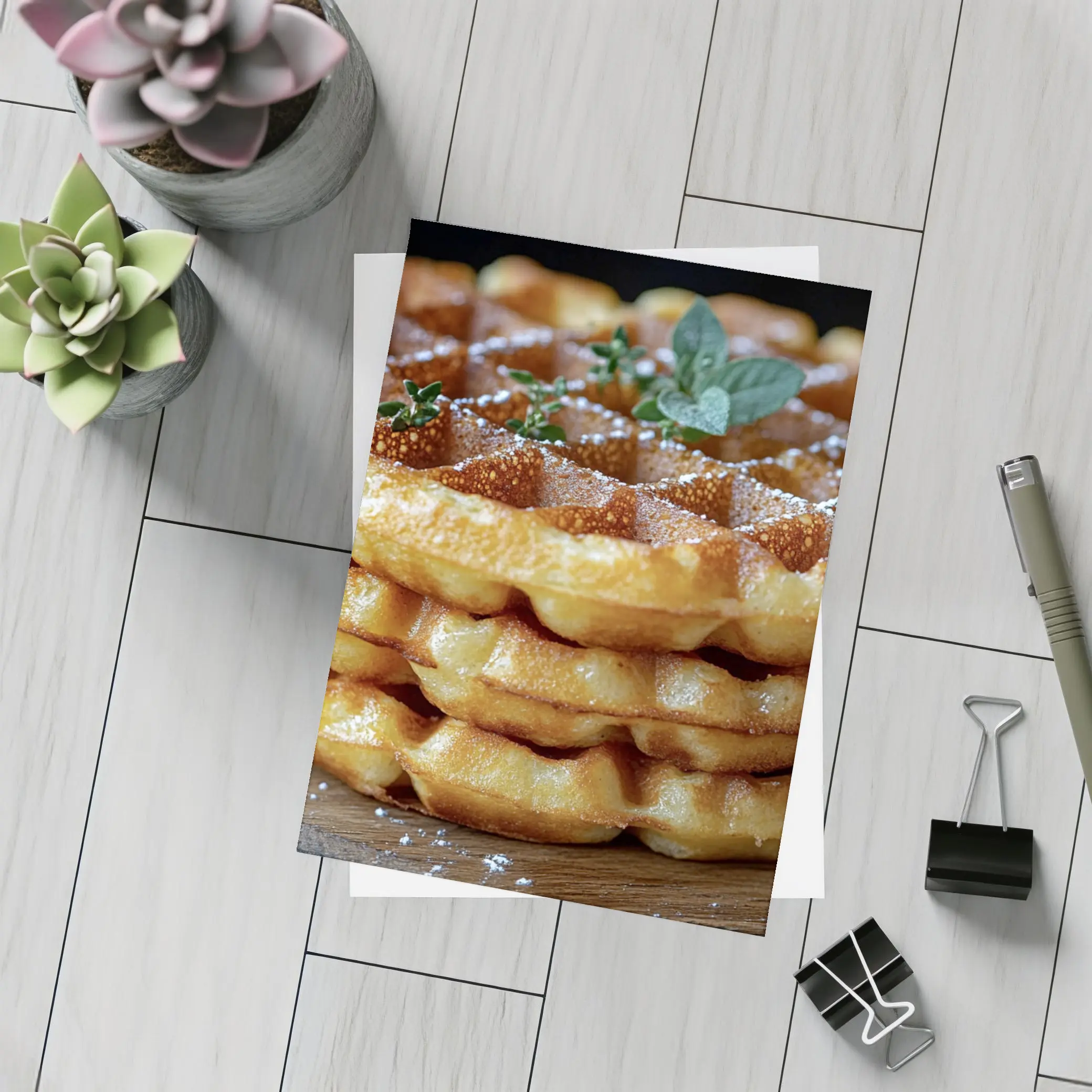 Golden Belgian Waffles Stack With Mint – Postcards