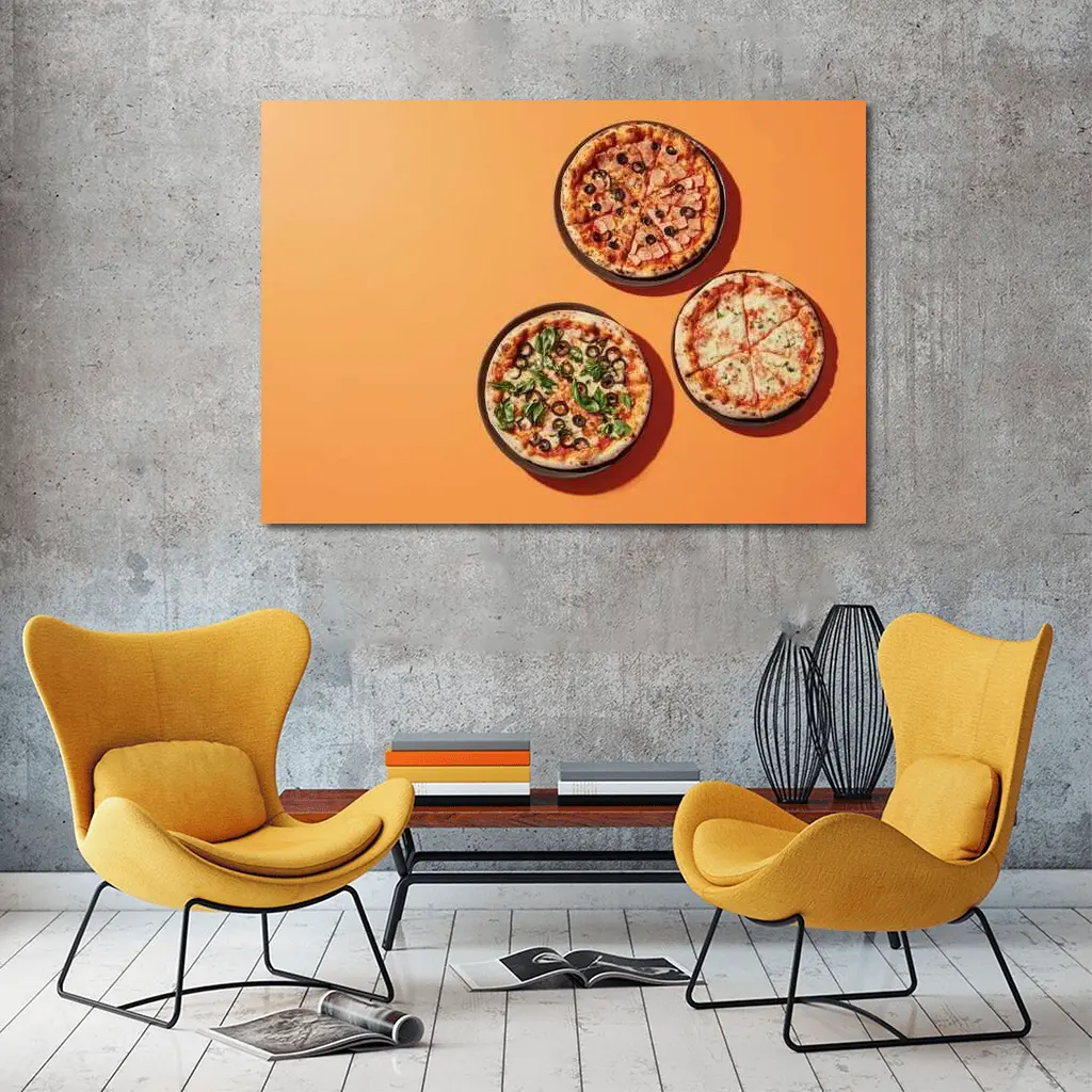 Three Pizzas Flat Lay Orange Background – Wall Art