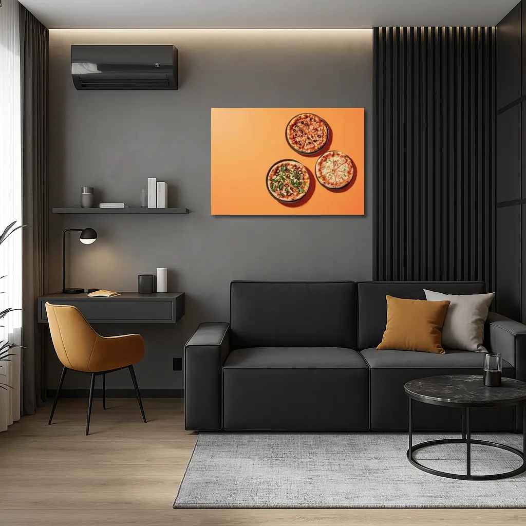 Three Pizzas Flat Lay Orange Background – Wall Art