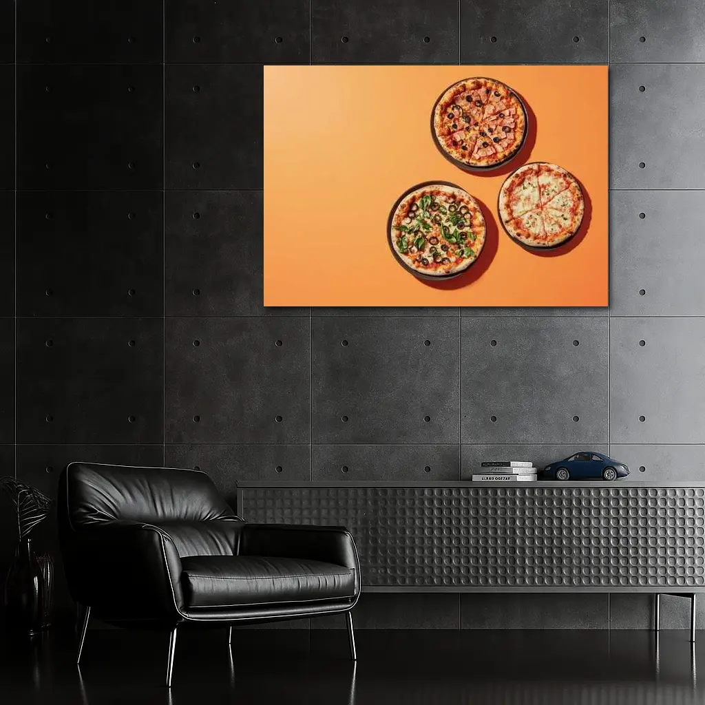 Three Pizzas Flat Lay Orange Background – Wall Art