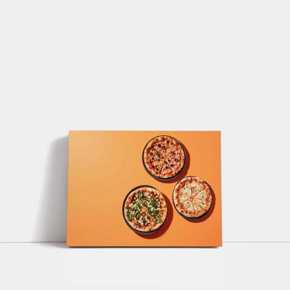 Three Pizzas Flat Lay Orange Background – Wall Art
