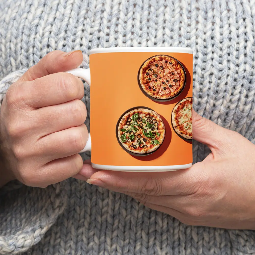 Three Pizzas Flat Lay Orange Background – Mugs