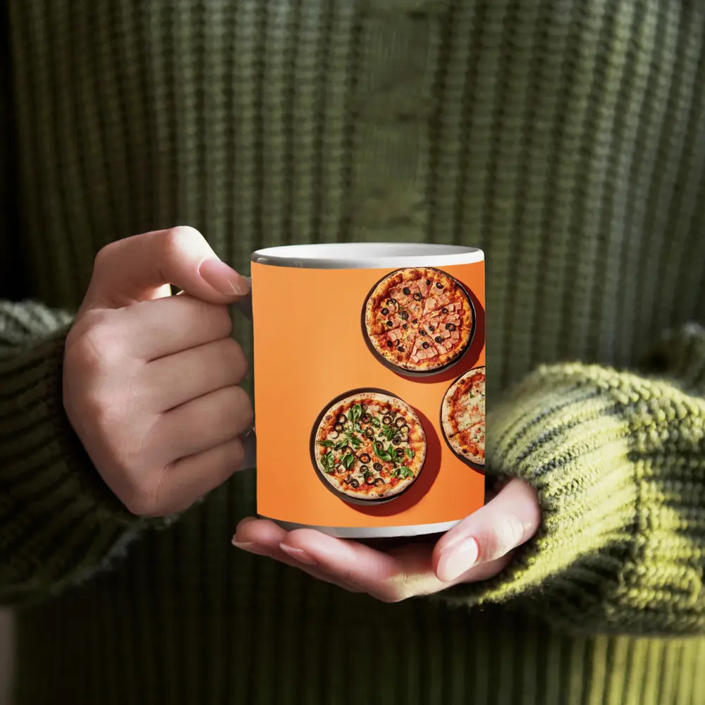 Three Pizzas Flat Lay Orange Background – Mugs