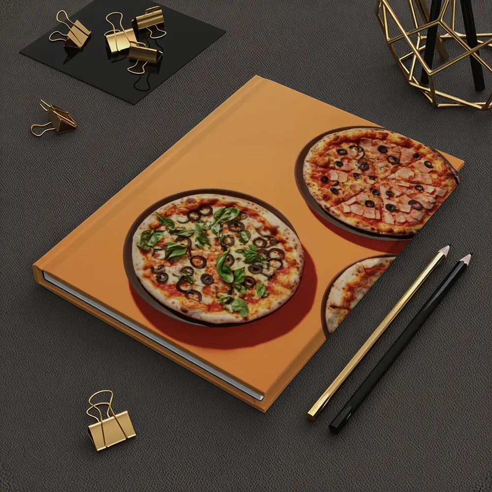 Three Pizzas Flat Lay Orange Background – Notebooks
