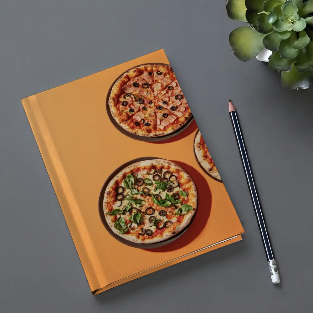Three Pizzas Flat Lay Orange Background – Notebooks