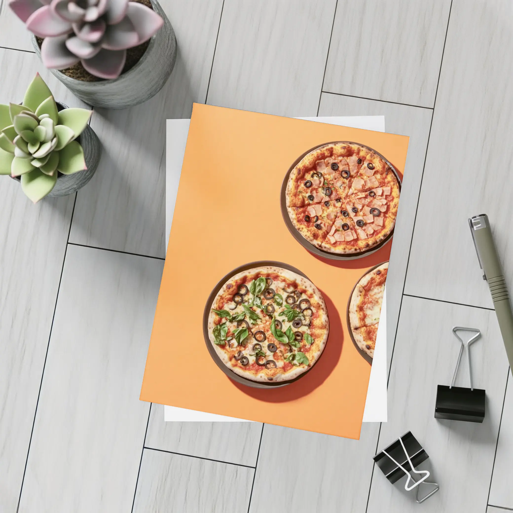 Three Pizzas Flat Lay Orange Background – Postcards