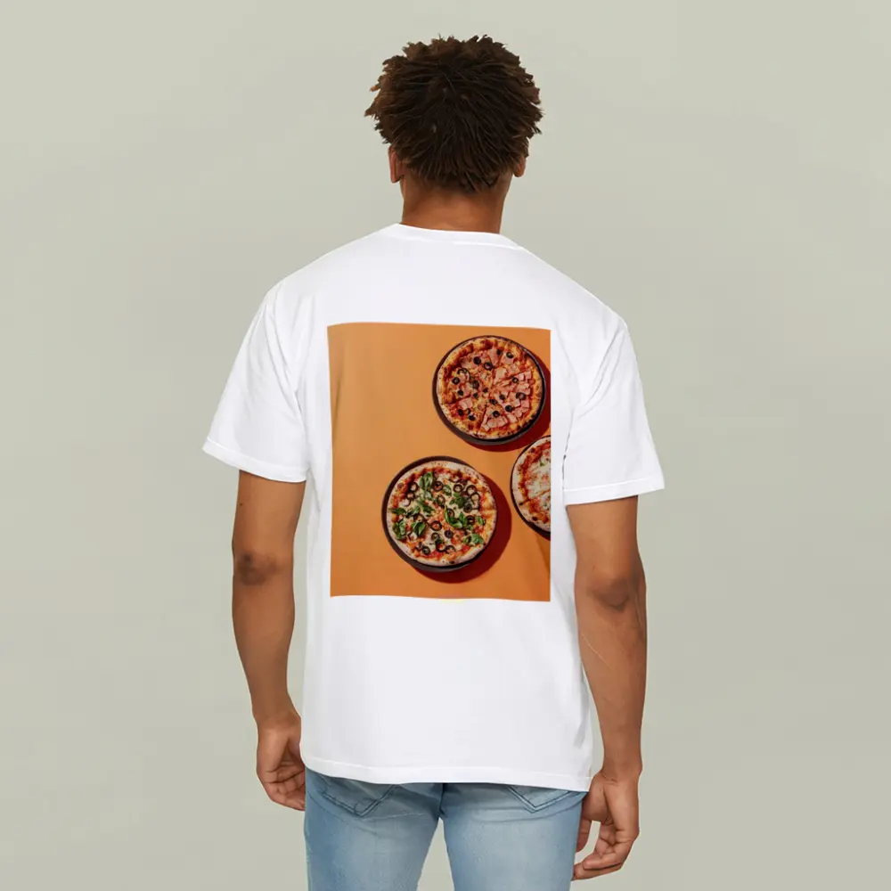 Three Pizzas Flat Lay Orange Background – T-Shirts