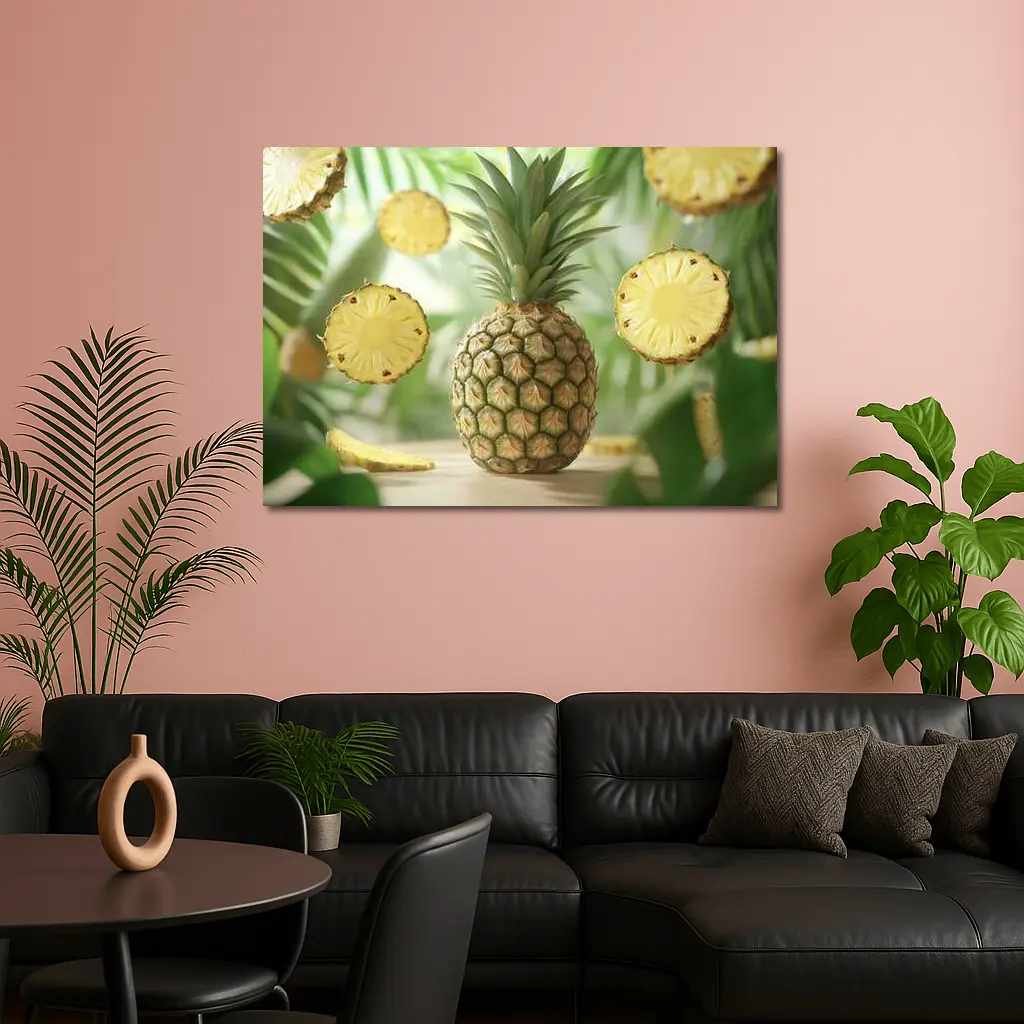Fresh Pineapple Slices Floating Tropical Green Background – Wall Art