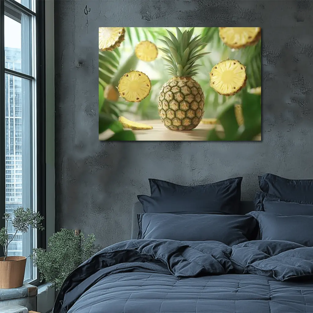 Fresh Pineapple Slices Floating Tropical Green Background – Wall Art