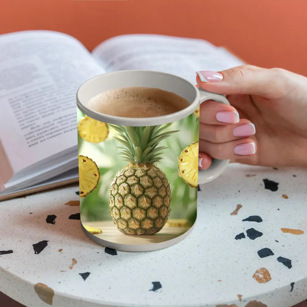 Fresh Pineapple Slices Floating Tropical Green Background – Mugs