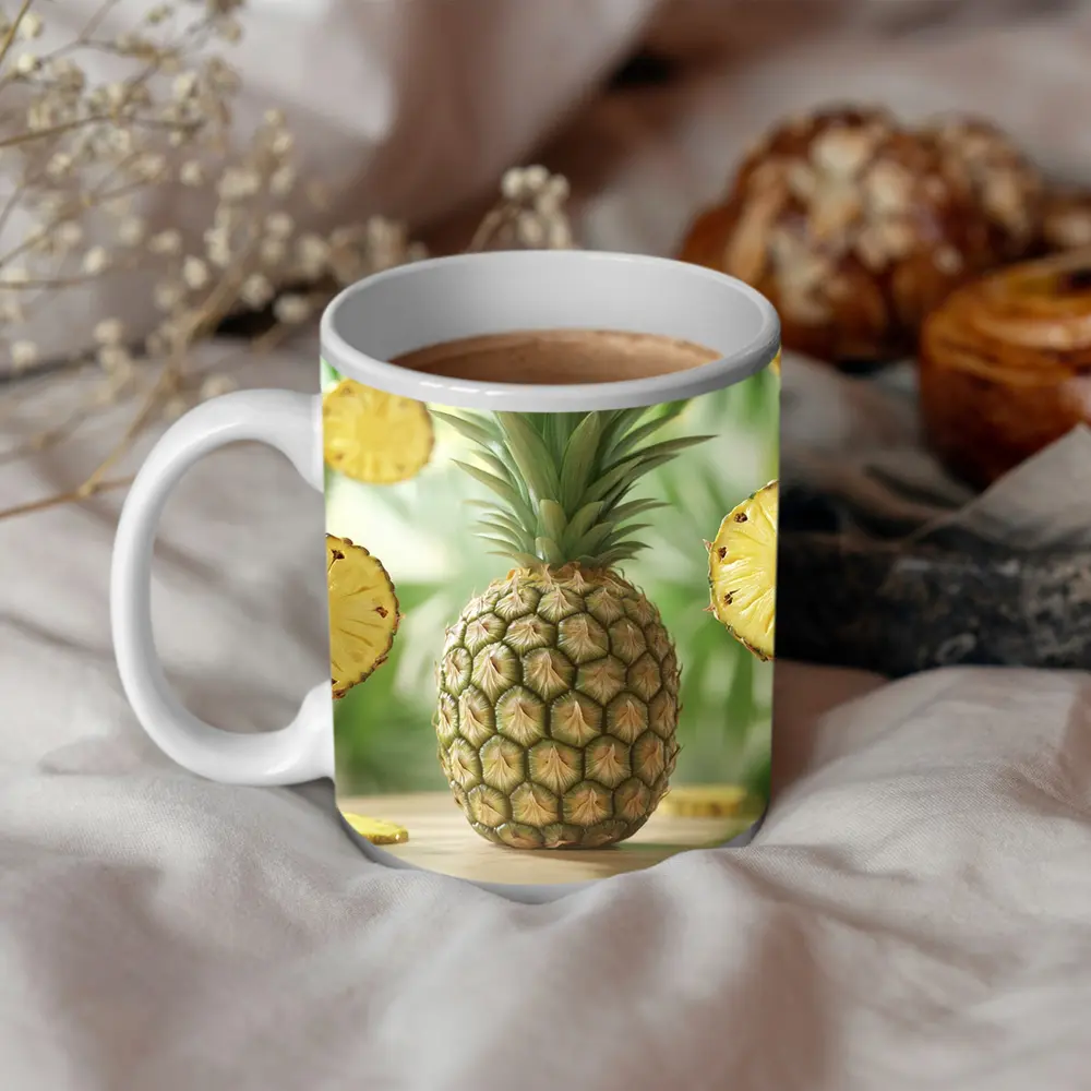 Fresh Pineapple Slices Floating Tropical Green Background – Mugs