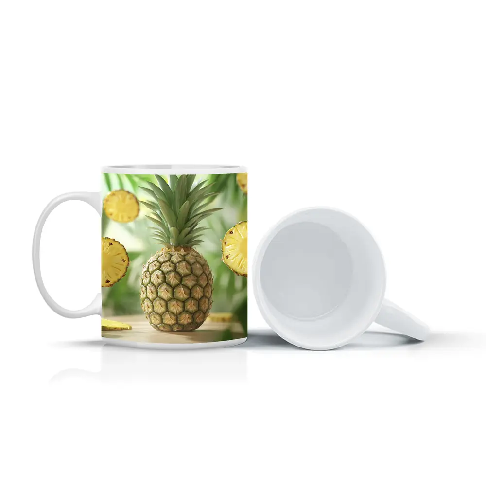 Fresh Pineapple Slices Floating Tropical Green Background – Mugs