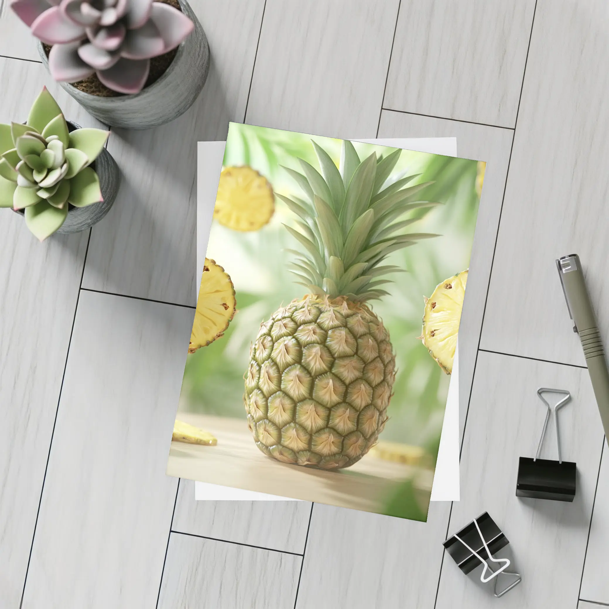 Fresh Pineapple Slices Floating Tropical Green Background – Postcards