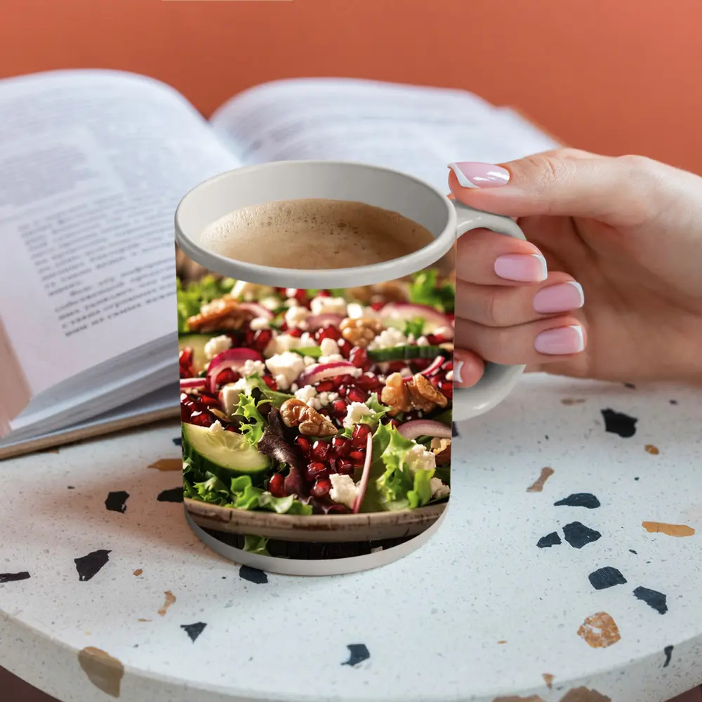 Pomegranate Feta Walnut Salad Wooden Table – Mugs
