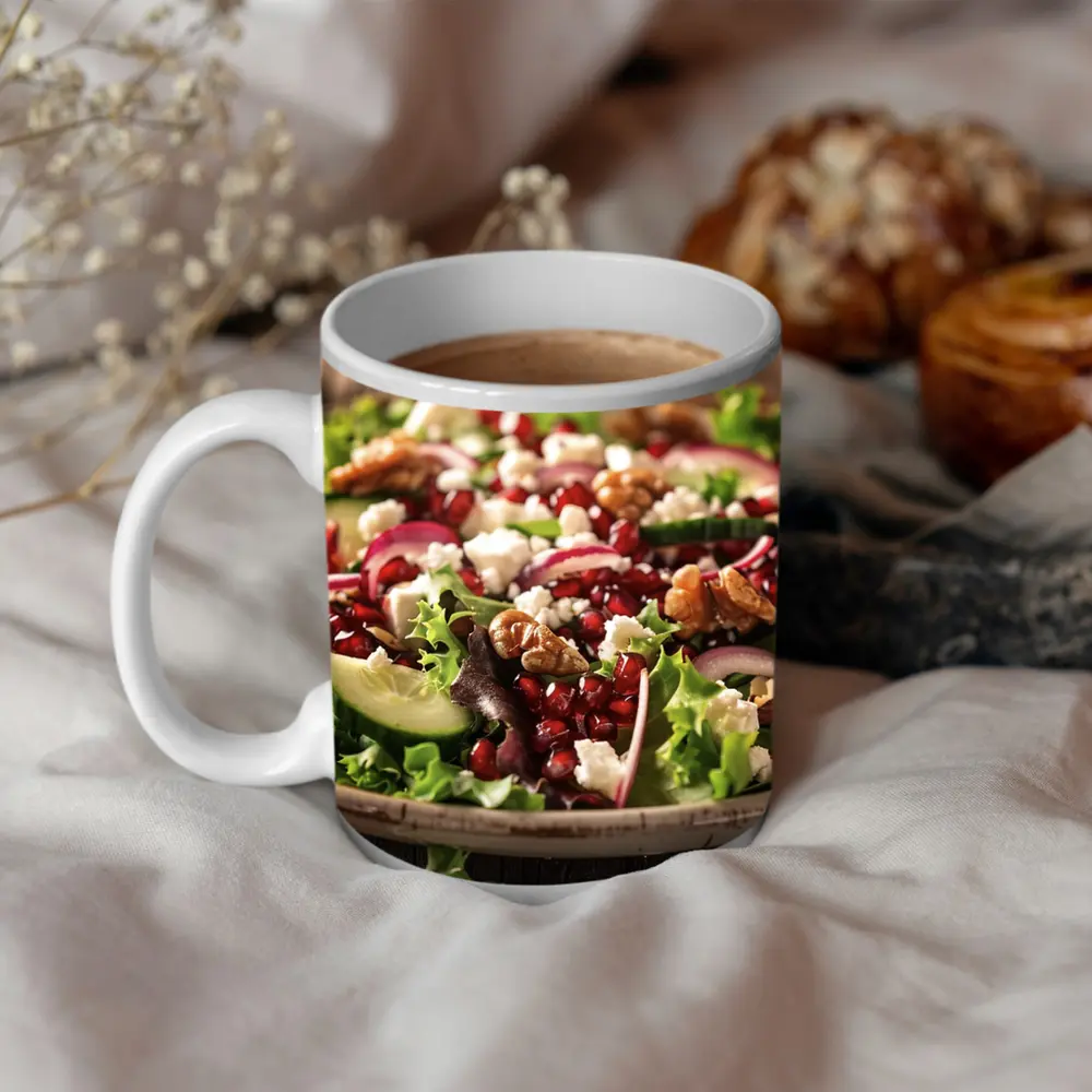 Pomegranate Feta Walnut Salad Wooden Table – Mugs