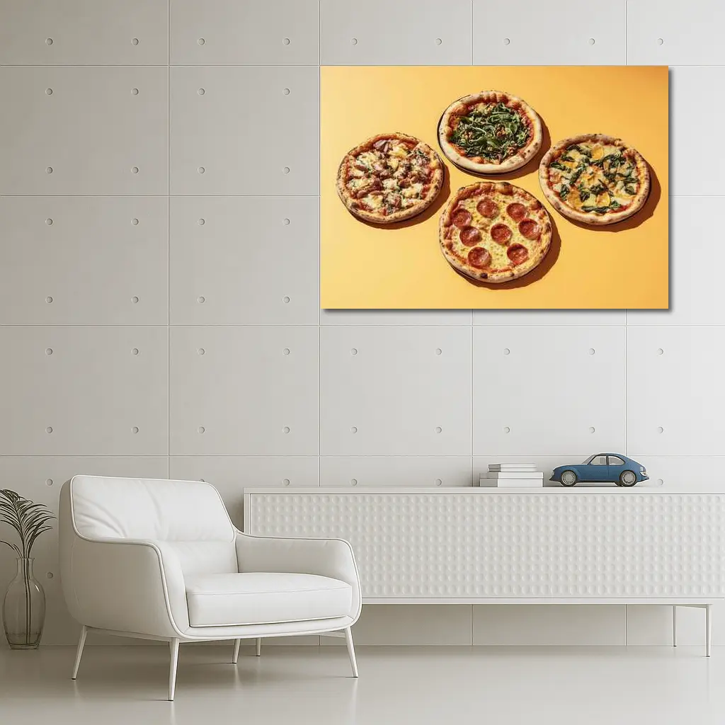 Four Neapolitan Pizzas On Yellow Background – Wall Art