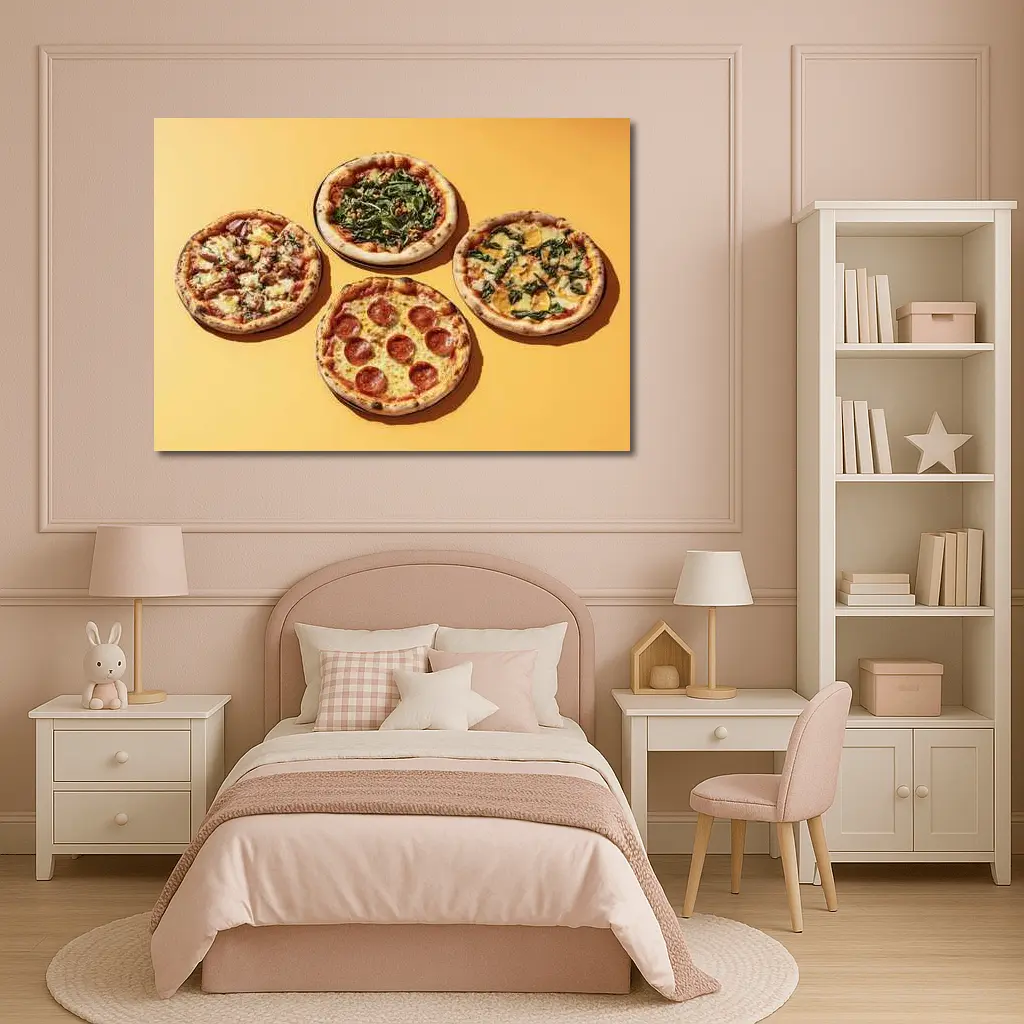 Four Neapolitan Pizzas On Yellow Background – Wall Art