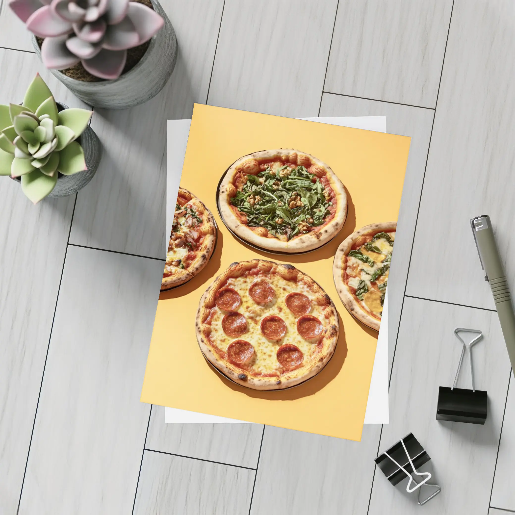 Four Neapolitan Pizzas On Yellow Background – Postcards