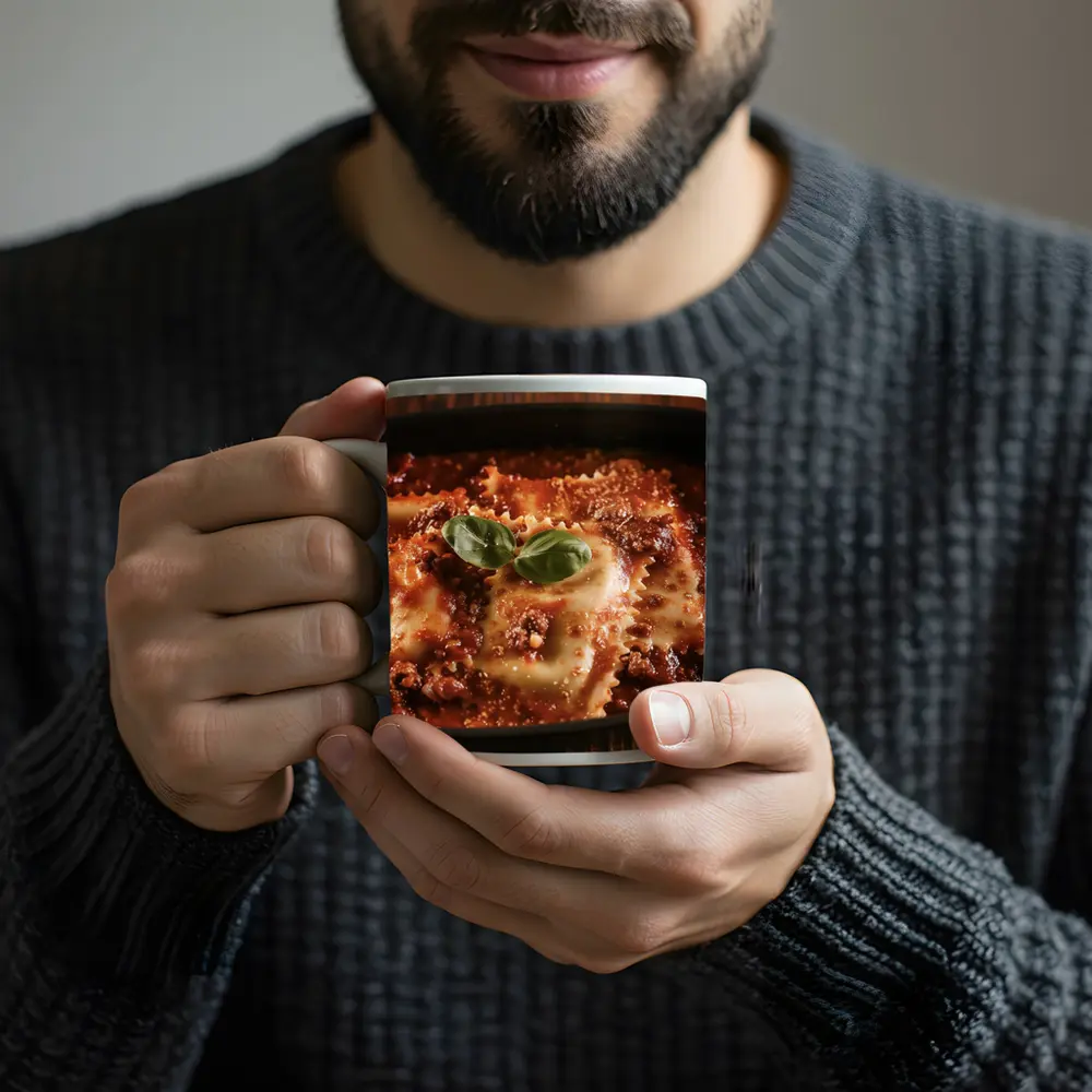 Ravioli Bolognese With Fresh Basil Garnish – Mugs