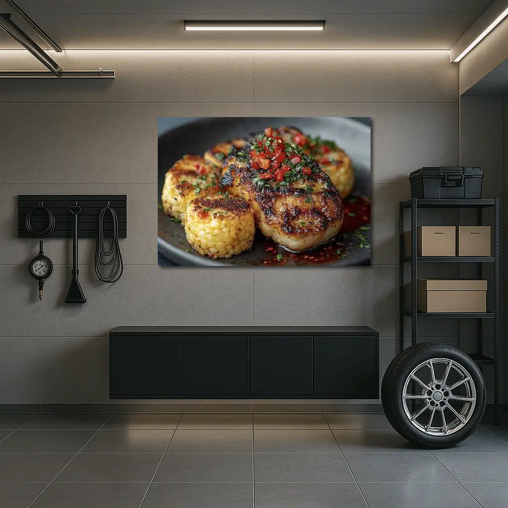 Seared Scallops Charred Corn Salsa Dark Plate – Wall Art
