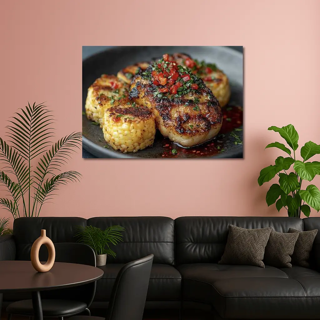 Seared Scallops Charred Corn Salsa Dark Plate – Wall Art