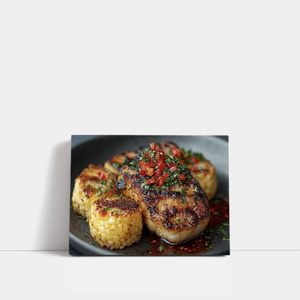 Seared Scallops Charred Corn Salsa Dark Plate – Wall Art