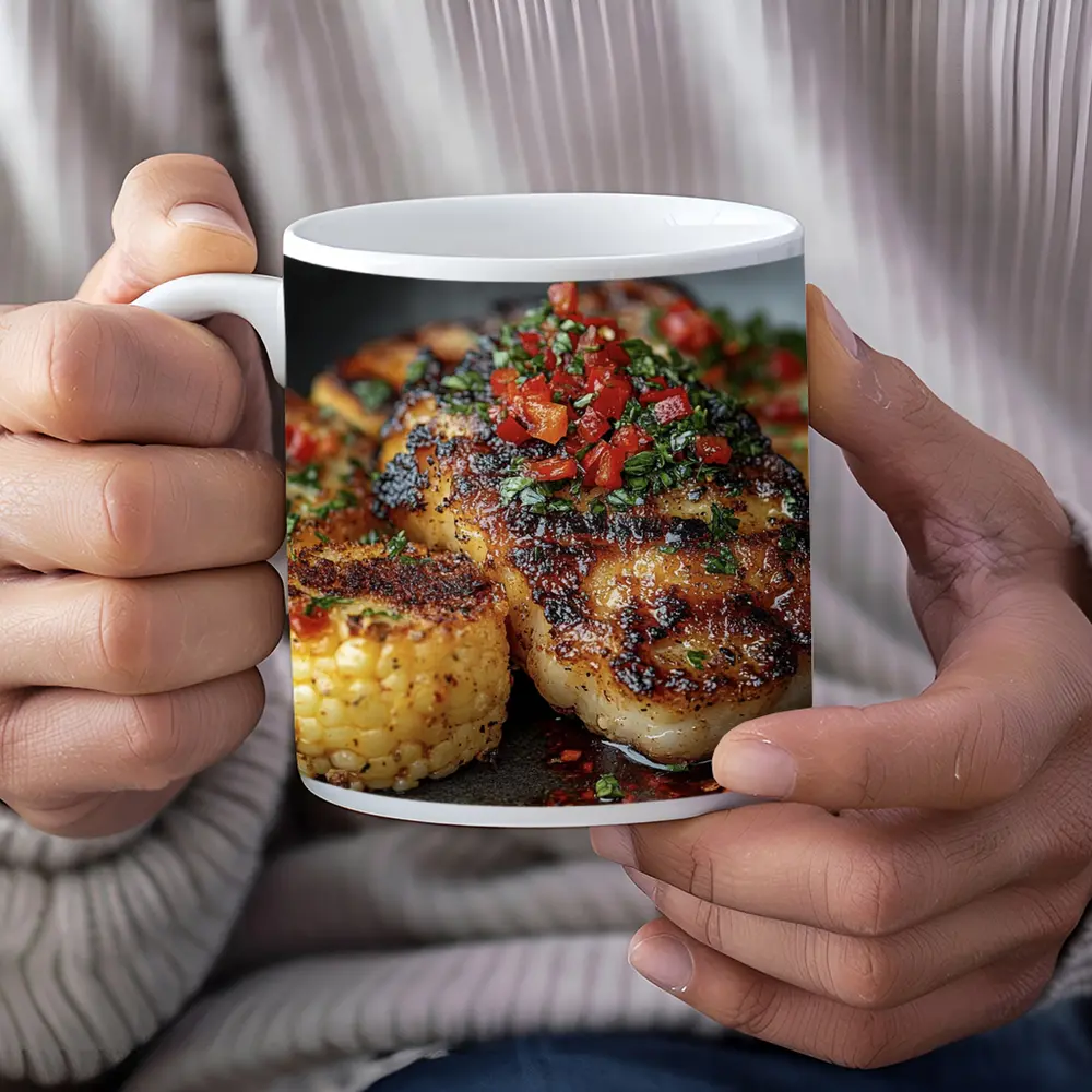 Seared Scallops Charred Corn Salsa Dark Plate – Mugs