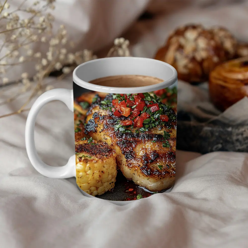 Seared Scallops Charred Corn Salsa Dark Plate – Mugs
