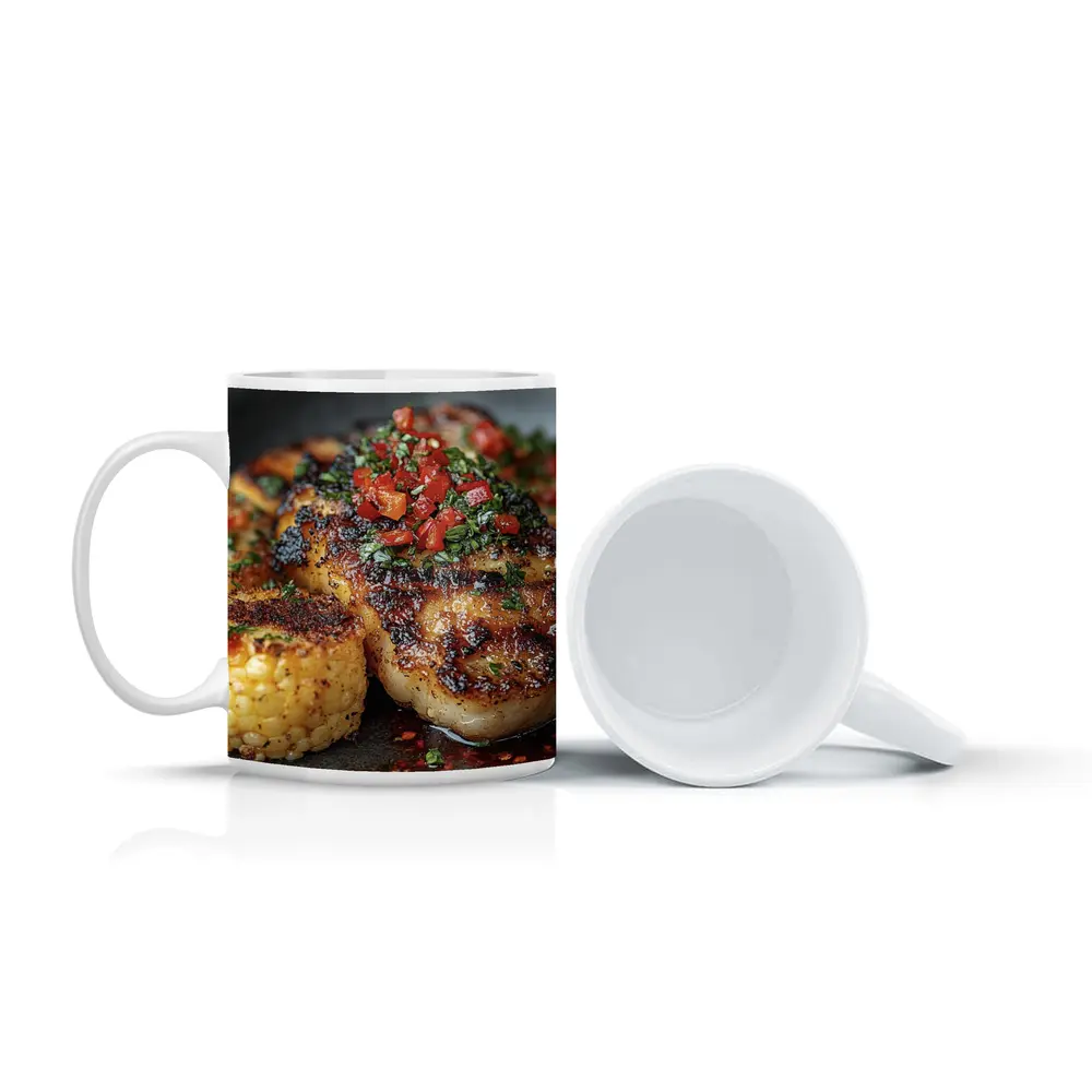 Seared Scallops Charred Corn Salsa Dark Plate – Mugs