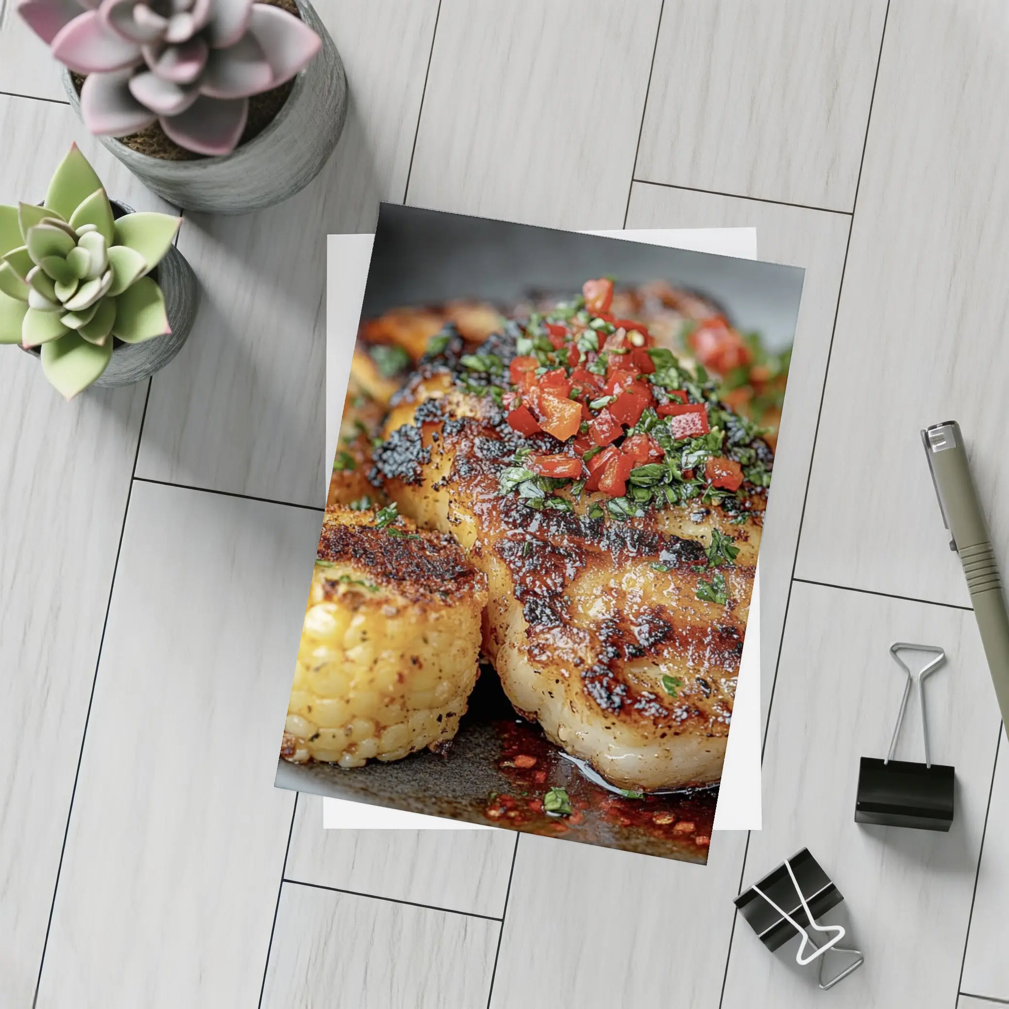 Seared Scallops Charred Corn Salsa Dark Plate – Postcards